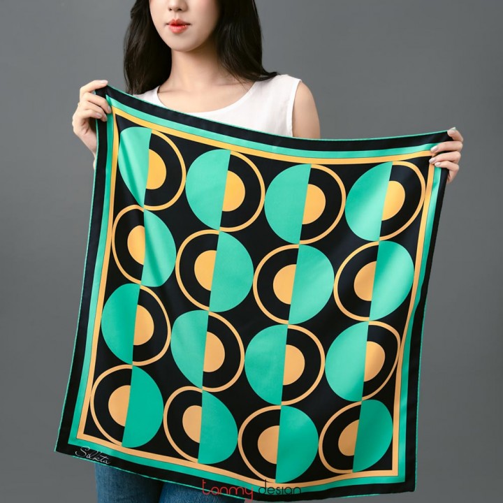 Khăn lụa vuông Nhịp điệu thời gian Green Black 70x70